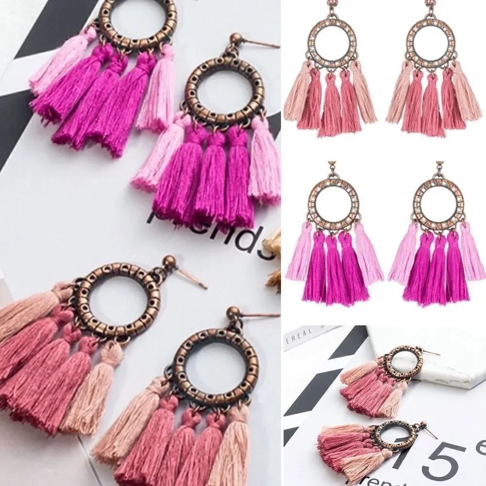 Copper Multi Colored Tassel Boho Earrings NWT